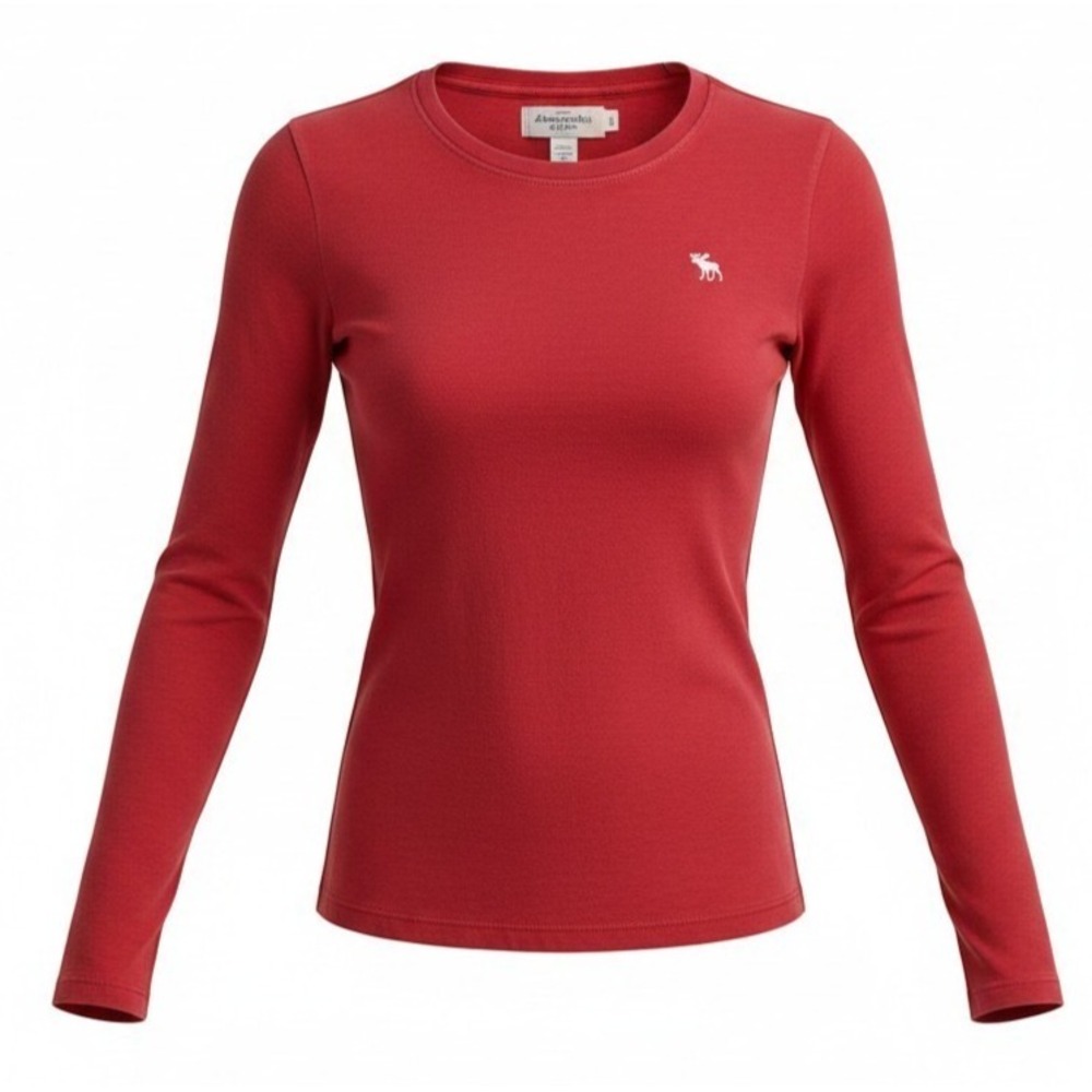 Abercrombie & Fitch Red Muscle Fit Long Sleeve Distressed Shirt Small Moose Logo